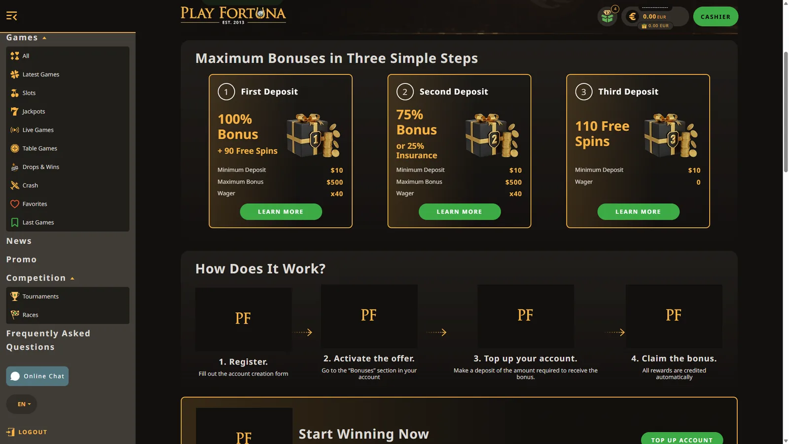 Play Fortuna three-stage welcome package showing first, second and third deposit offers