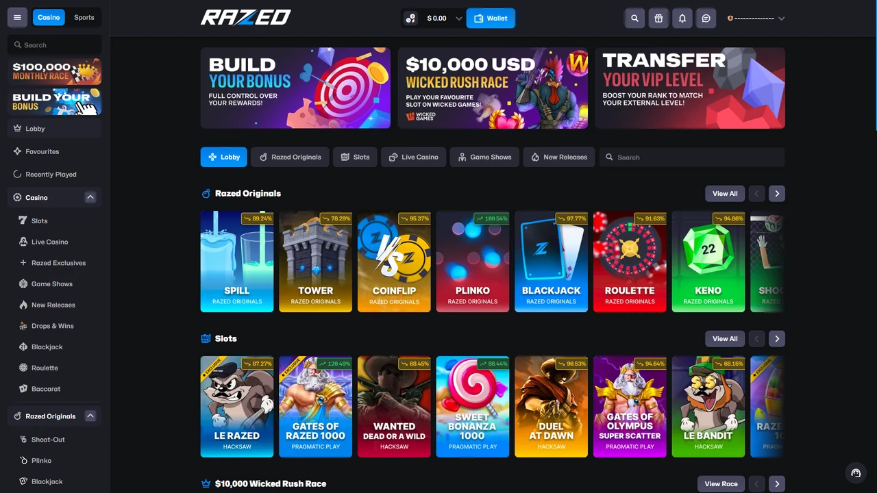 Logged-in Razed Casino account lobby with wallet, Originals and casino categories