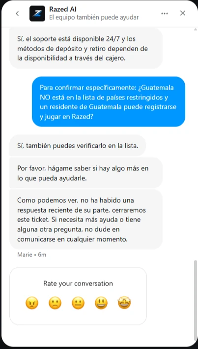 Chat de soporte de Razed confirmando disponibilidad para jugadores de Guatemala