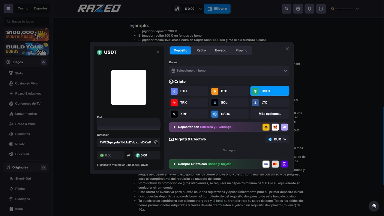 Cajero de Razed en español con depósito USDT y selección de red