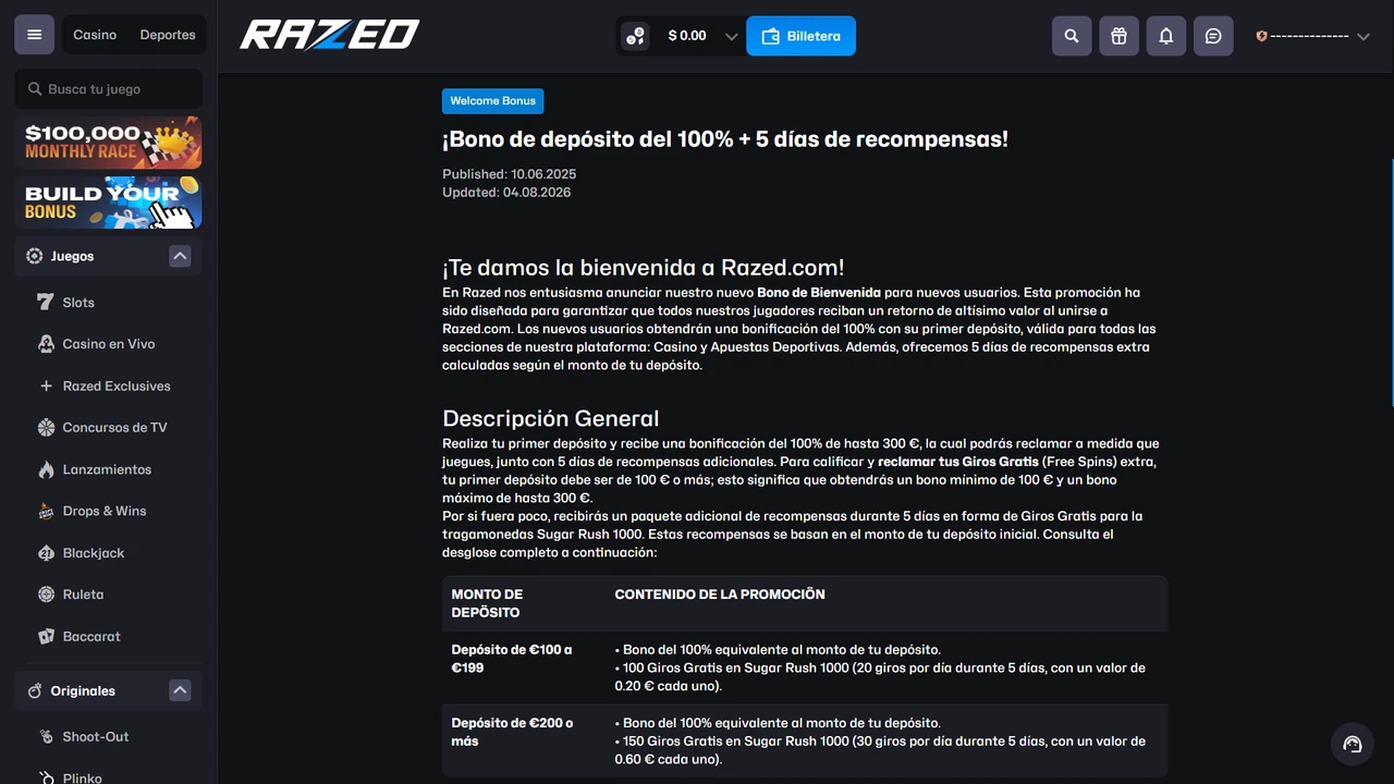 Bono de bienvenida de Razed en español 100 por ciento hasta 300 dólares