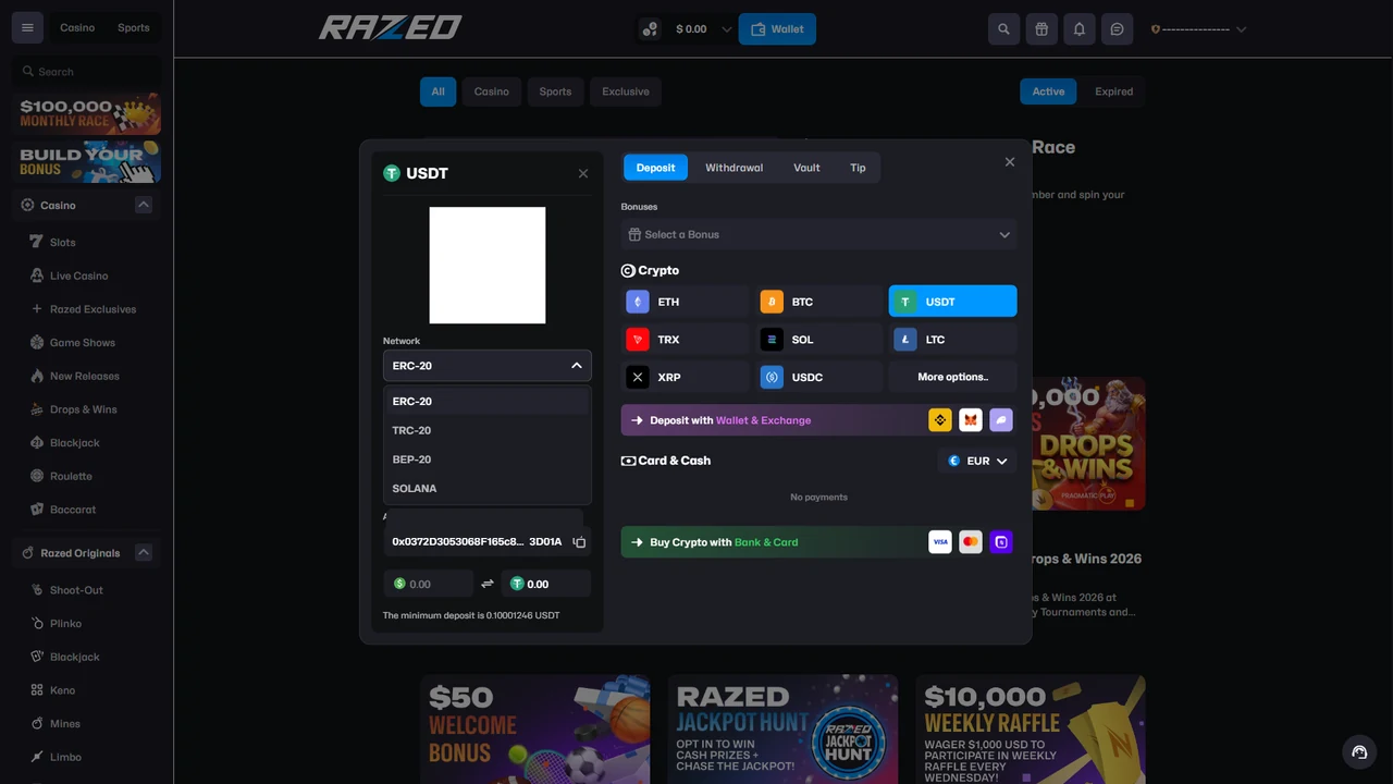 Razed USDT deposit cashier showing ERC-20 TRC-20 BEP-20 and Solana networks