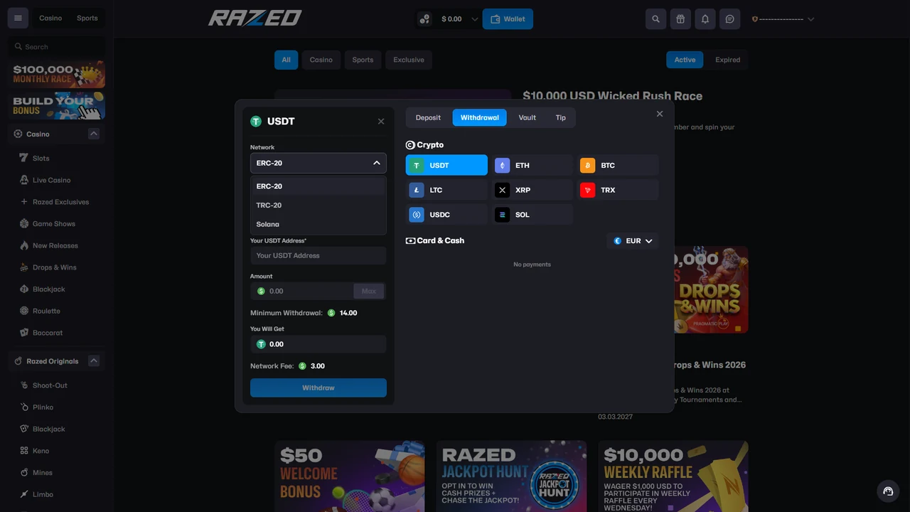 Razed USDT withdrawal screen from our account showing network options, selected-route minimum and fee