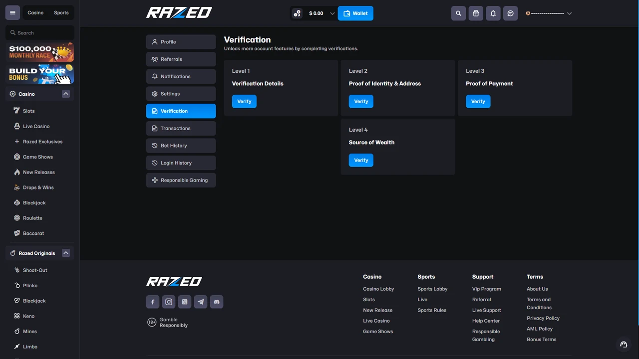 Razed verification screen showing four KYC levels including identity payment and source of wealth