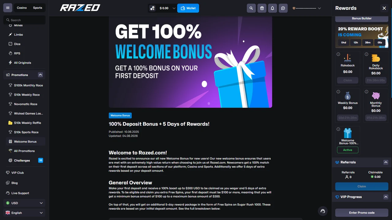 Razed welcome bonus page showing 100 percent first deposit bonus and five days of rewards