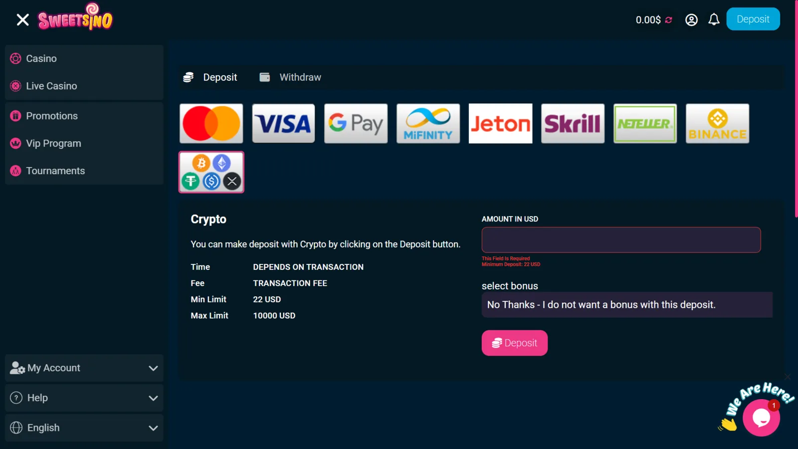 Sweetsino crypto deposit screen showing the current minimum and maximum displayed in the cashier