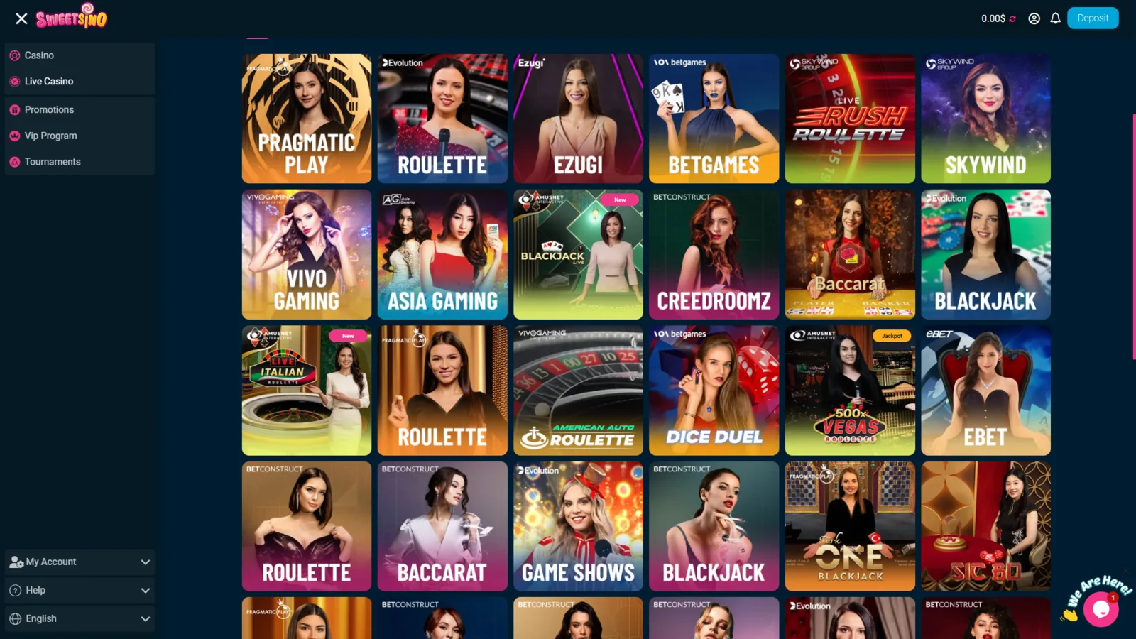 Sweetsino live casino lobby with Pragmatic Play, Evolution, Ezugi, BetGames, Skywind and other providers