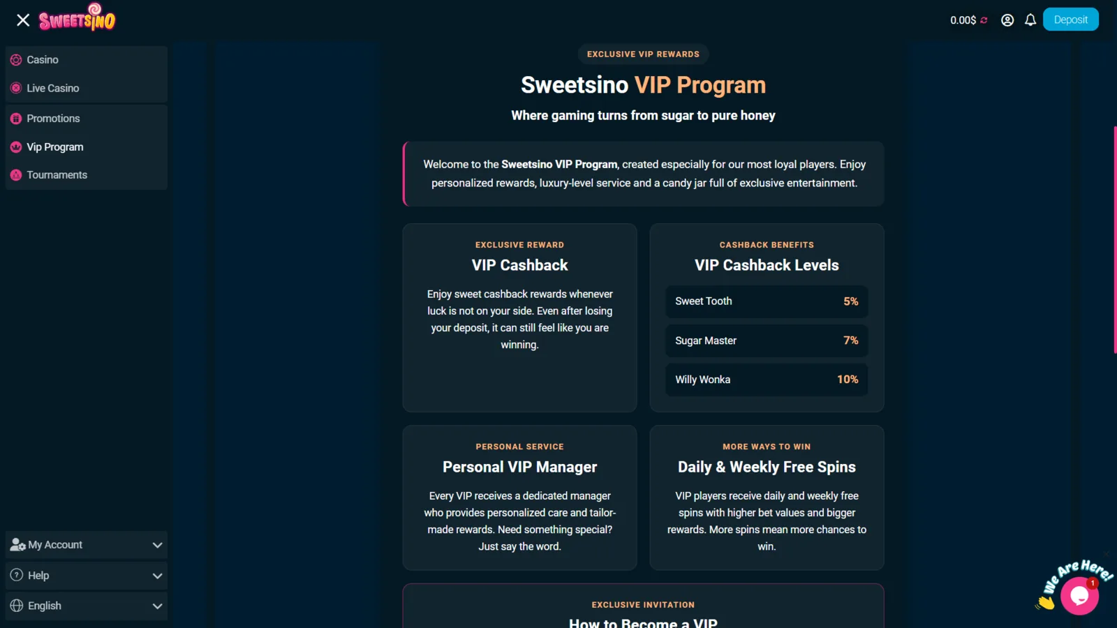 Sweetsino VIP program showing 5 percent, 7 percent and 10 percent cashback levels plus VIP manager and free spins