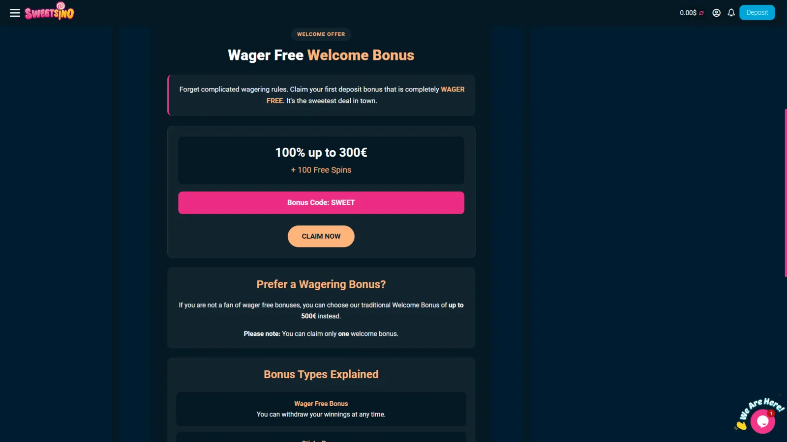 Sweetsino wager-free welcome bonus showing 100% up to 300 euros plus 100 free spins and bonus code SWEET