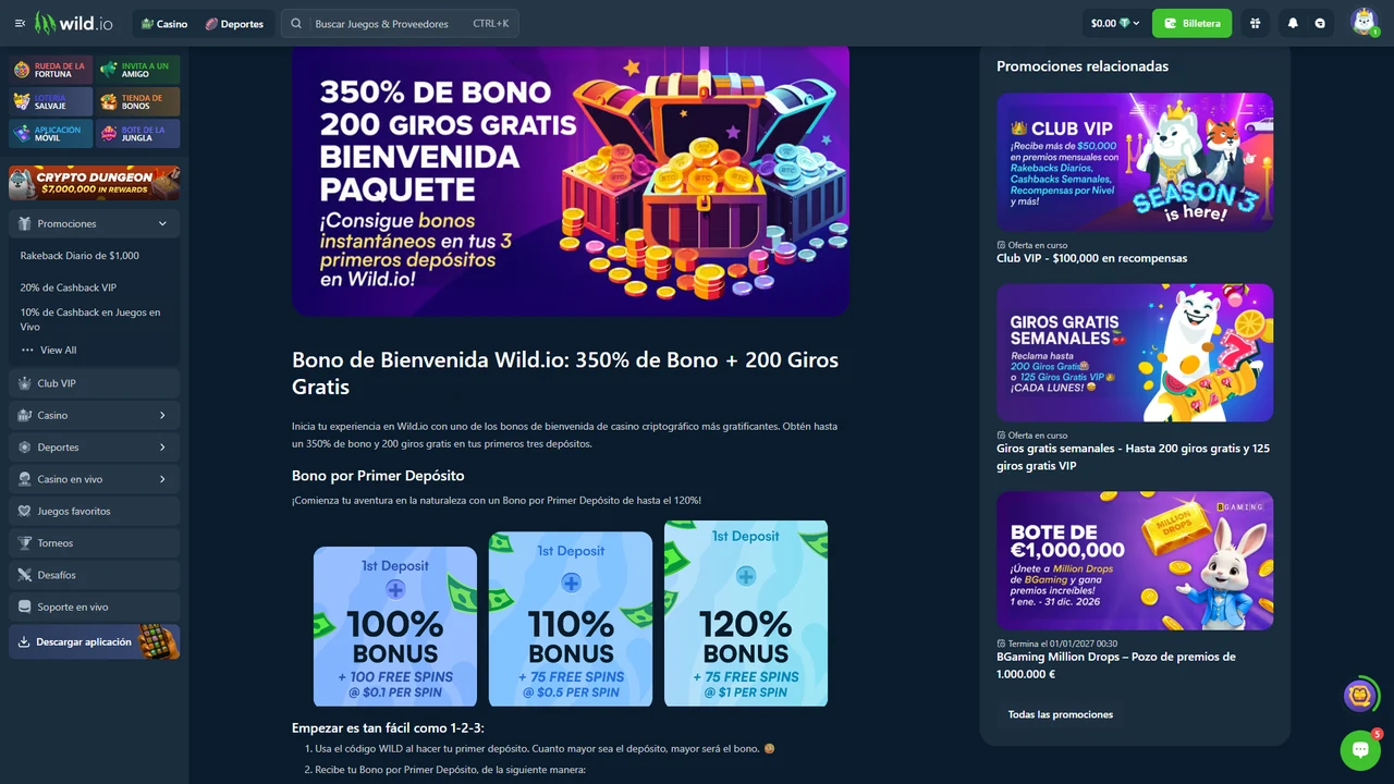 Bono de bienvenida de Wild.io en español con hasta 350 por ciento y 200 giros gratis