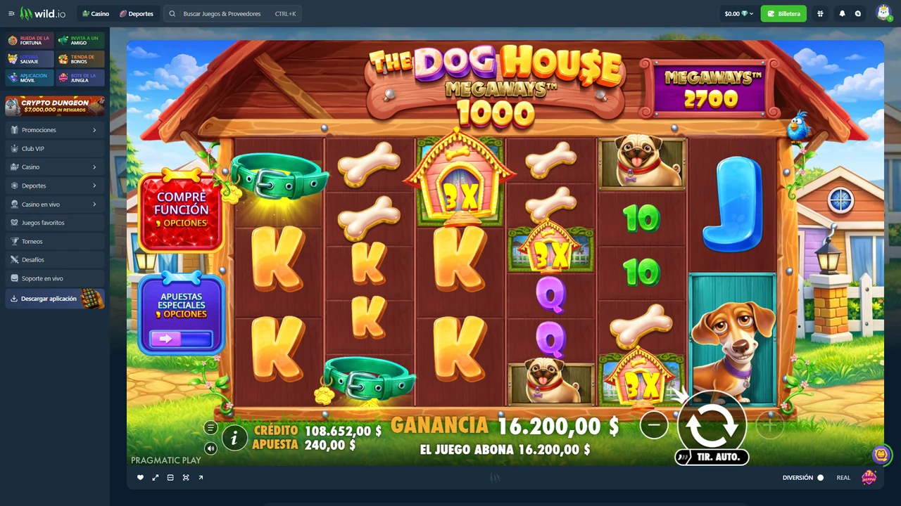The Dog House Megaways abierto dentro de Wild.io con interfaz en español durante nuestra prueba