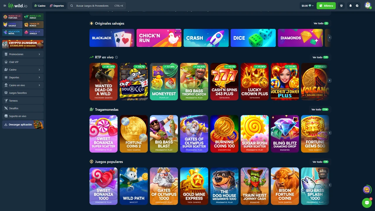 Lobby de Wild.io en español con Originales salvajes, RTP en vivo, Tragamonedas y Juegos populares