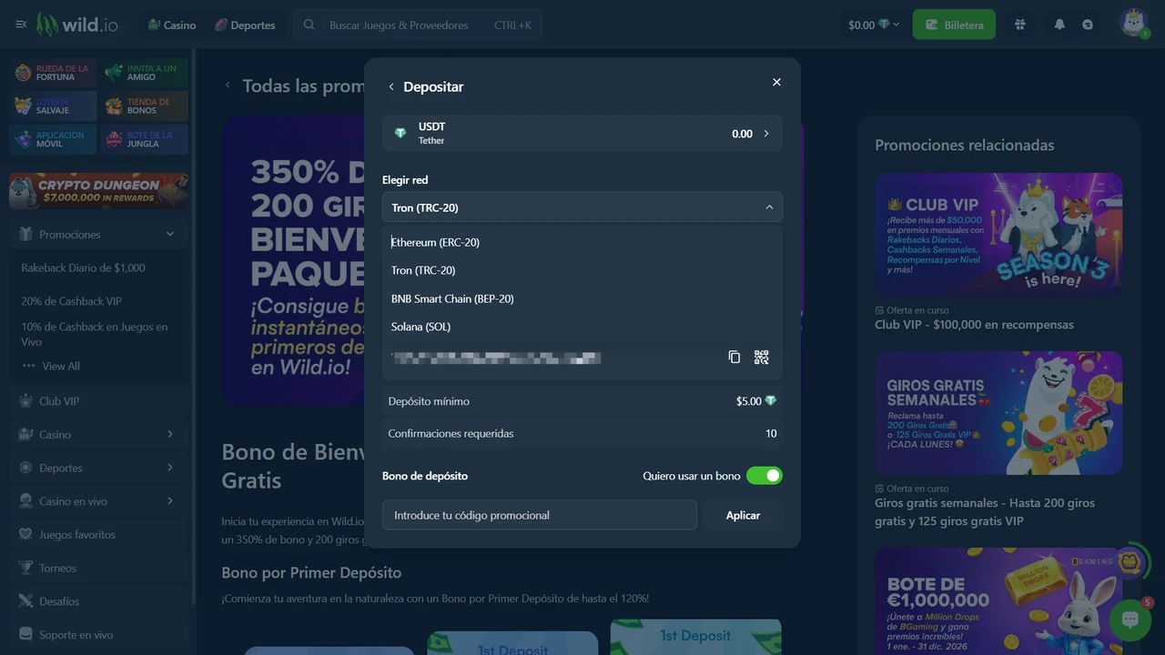 Depósito USDT en Wild.io en español con mínimo de 5 dólares y redes ERC-20, TRC-20, BEP-20 y Solana