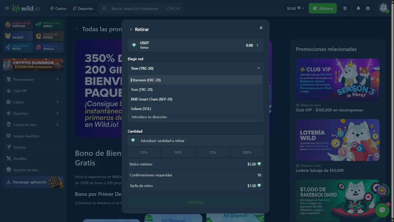 Retiro USDT en Wild.io en español con mínimo de 5 dólares, tarifa de 1 USDT y cuatro redes