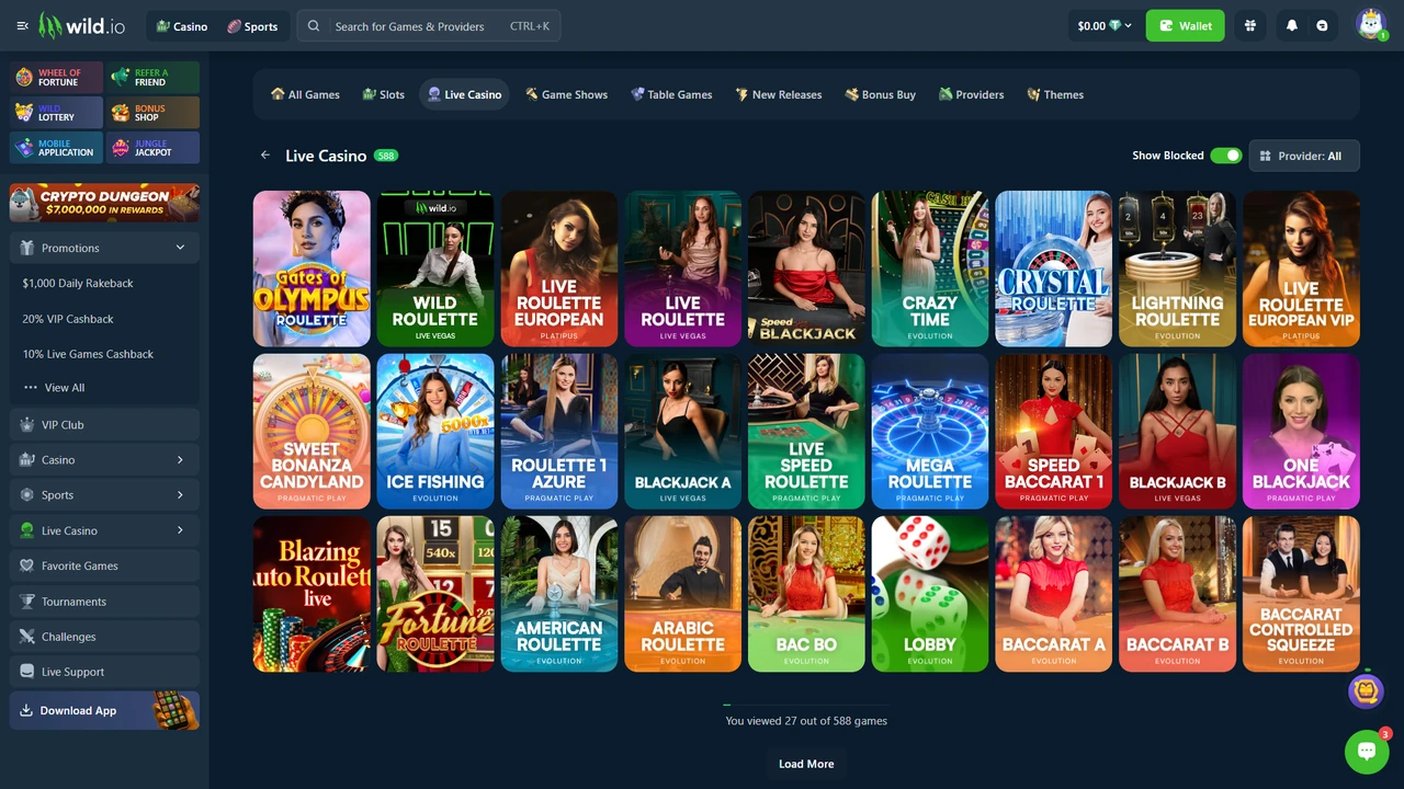 Wild.io live casino library showing 588 live games including roulette, blackjack and baccarat