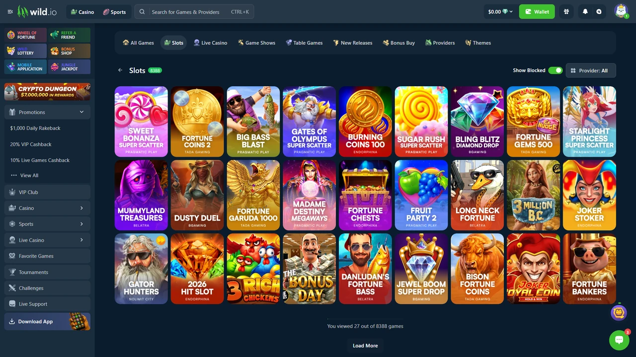 Wild.io slots library showing 8,388 slots and provider filters