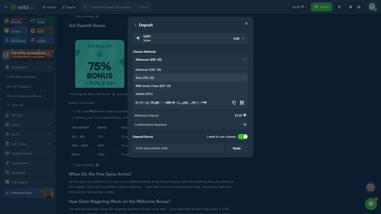 Wild.io USDT deposit screen showing 5 USDT minimum and ERC-20, TRC-20, BEP-20 and Solana network options