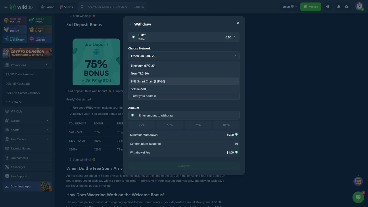 Wild.io USDT withdrawal screen showing 5 USDT minimum, 1 USDT fee and four network options