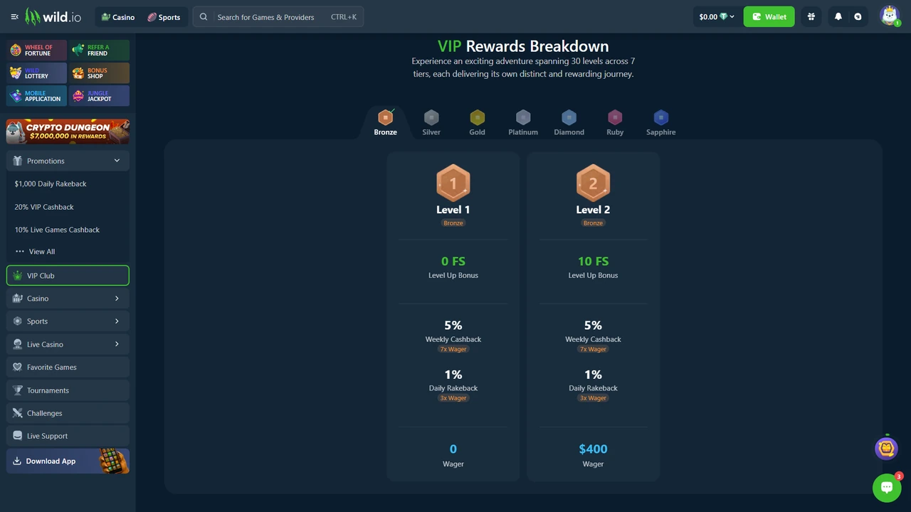Wild.io logged-in VIP Club showing the 30-level progression and starting rewards