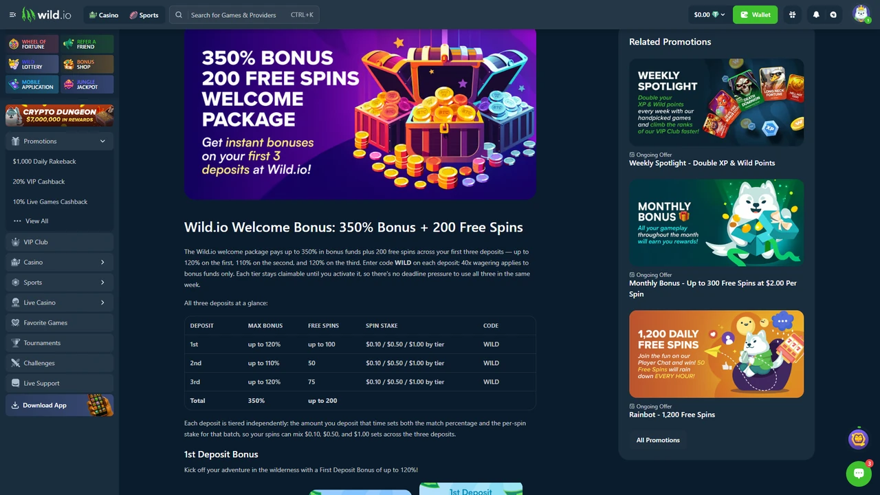 Wild.io welcome package showing 350 percent bonus, 200 free spins, code WILD and 40x wagering